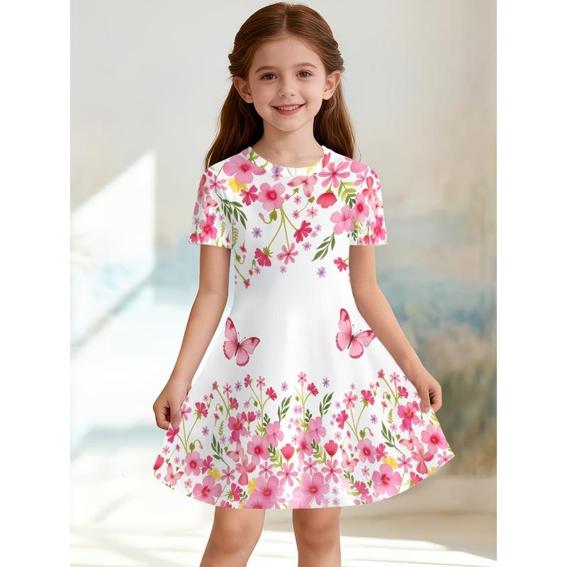 Cute and Shiny Magic Wand Princess Print Girl Casual Dress Fairy Tale Design Short Sleeved Dress Suitable for Birthday Gifts