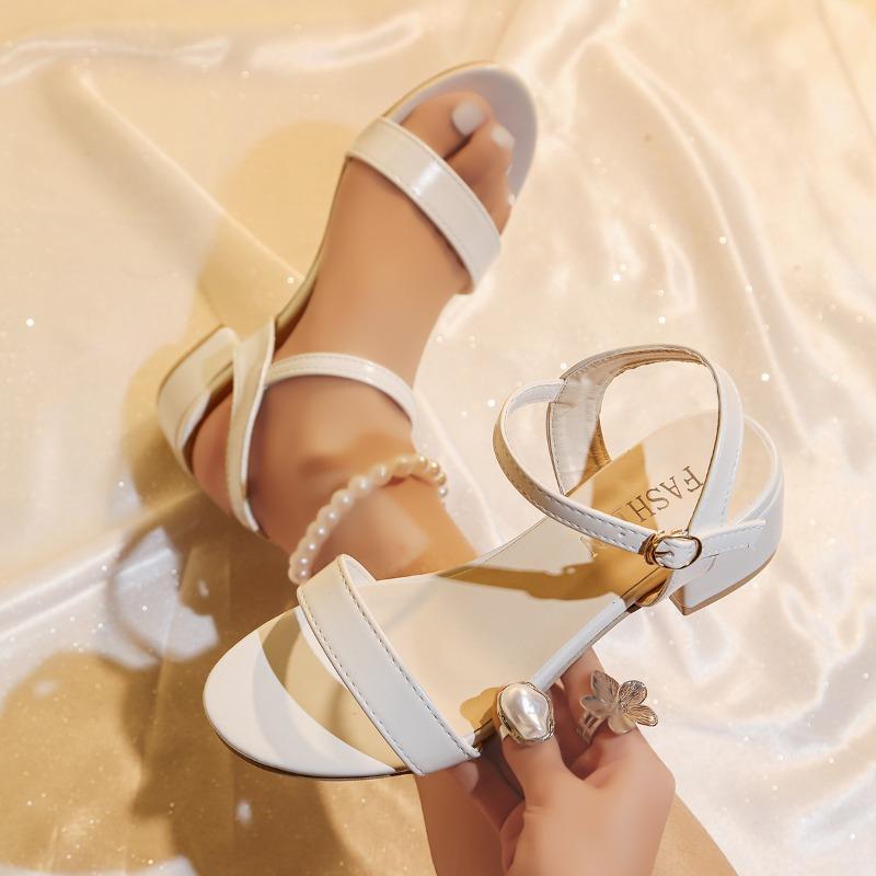 Sandals Women's Summer New Soft Leather Versatile Medium Heel Thick Heel One Line Buckle Fairy Style Roman High Heels Women's Shoes