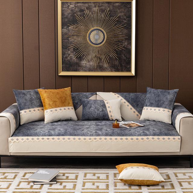 Luksusowy koronkowy pokrowiec na sofę antypoślizgowy na kanapę w kształcie litery L z szenili, ochraniacz na meble do salonu