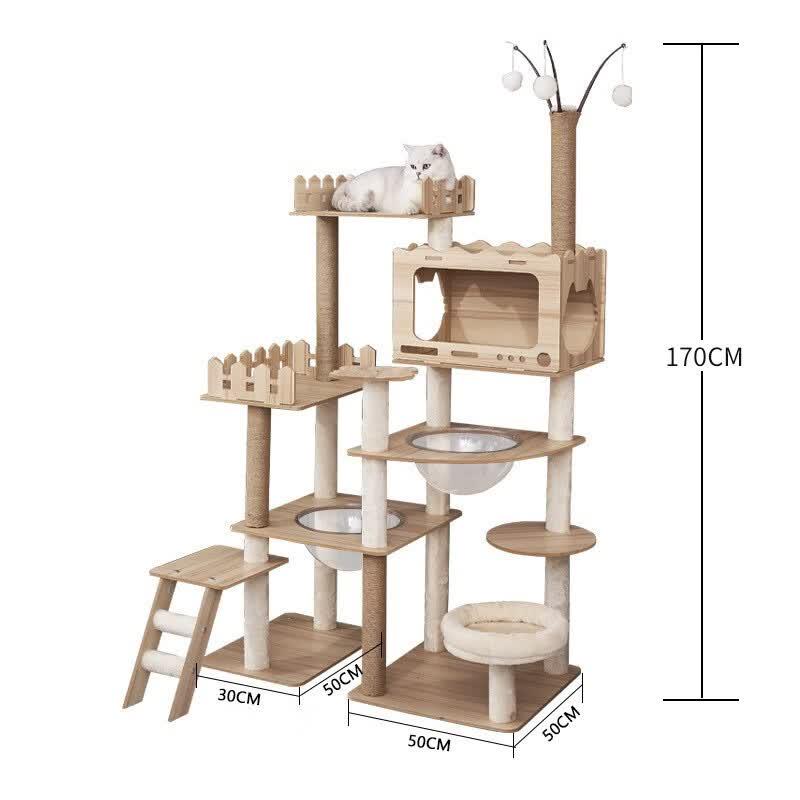 Large Wooden Cat Tree with Space Capsule & Scratcher