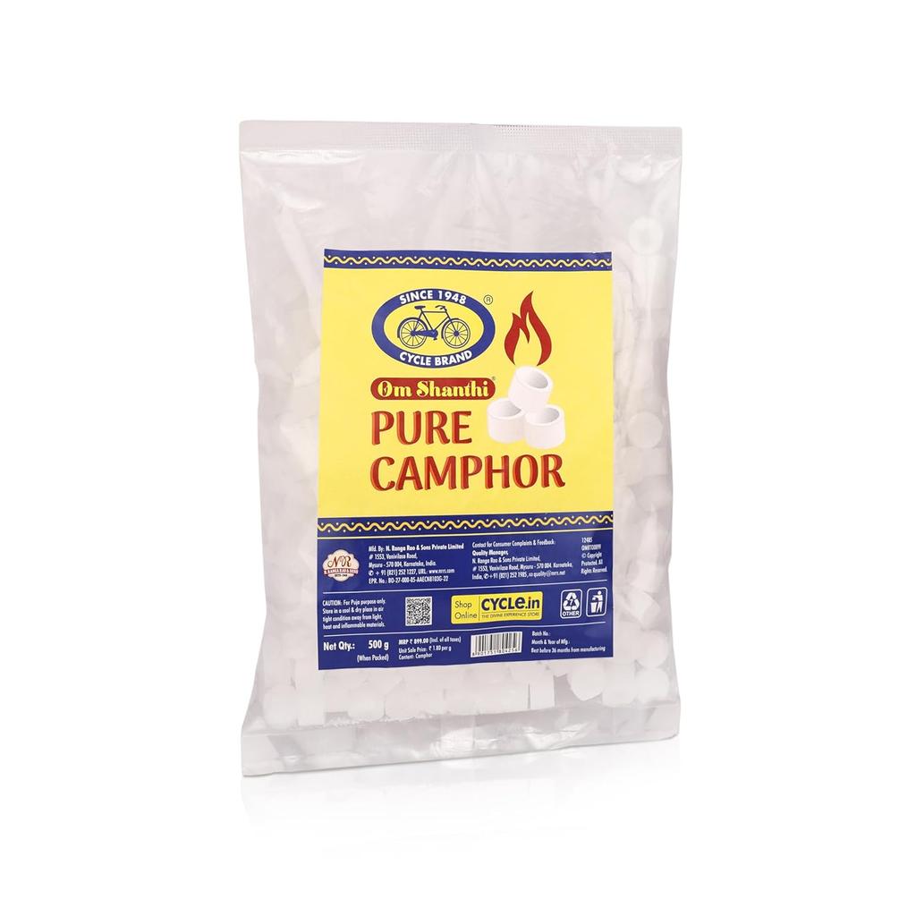 Cycle Pure Om Shanthi Round Tablet Camphor Pouch 500g Pack of 1 | Pure Natural Camphor for Pujas & Home Freshness