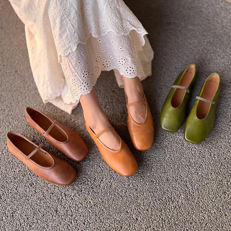 Johnature Genuine Leather Shallow Elastic Band Women Flat Shoes Versatile Round Toe Solid Color Slip-on Shoes