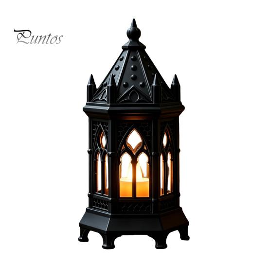 Veelzijdige Plankenstandbeeld Gotische Kathedraal LED Kaarslantaarn, Kerkvormige Vlamloze Theelichtlamp, Feestdecoratie Spookachtige Vintage Bureau Nachtlamp