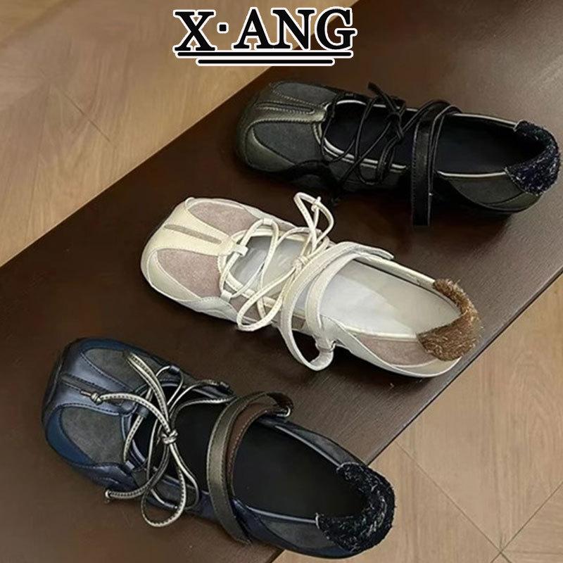 Sheepskin version~ Functional wind sports square head ballet shoes women's versatile cross belt Velcro shallow mouth Mary Jane single shoes