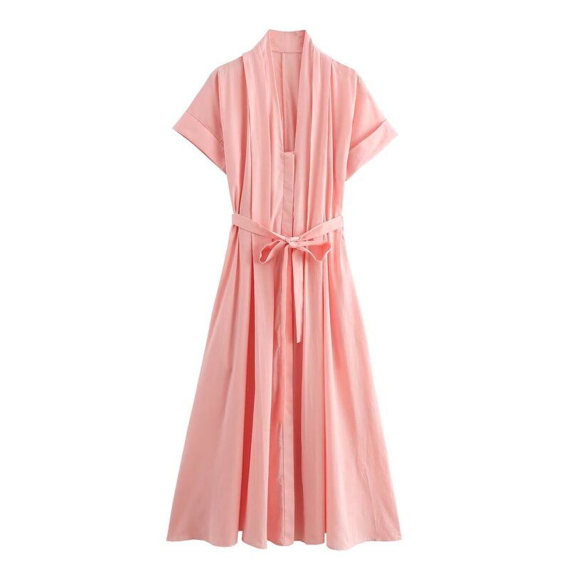 Western Style 2024 Summer New Women Clothes Elegant Drawstring Cotton Shirt Jumpsuit Long Dress 2183246