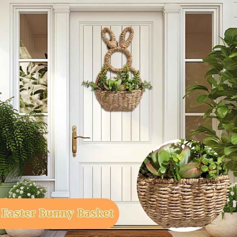 Hand Woven Bunny Flower Basket Handmade Easter Wall Pocket Easter Bunny Basket Spring Decor