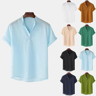 Herrenhemd aus Baumwollleinen, normale Passform, kurzärmelig, V-Ausschnitt, Button-Down-Shirt, Sommerhemd, Strand-T-Shirts
