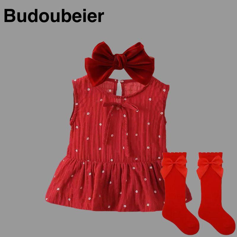 British Baby Clothes, Summer Baby Girl Jumpsuit, Princess Style, Big Bow, Sweet One-Piece Romper Red + Headband + Socks 59 cm