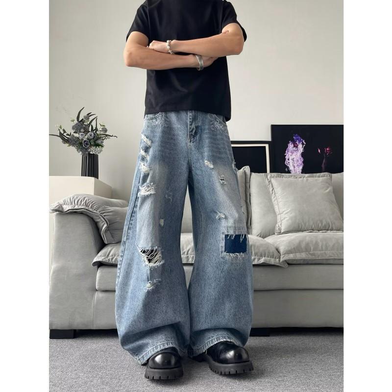 High-Waisted Distressed Straight Leg Jeans Men Women Loose Wide-Leg Denim Pants With Contrast Stitching