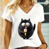 Women VNeck Tshirt Funny Comic The Black Cat Eating Ice Cream Print Fashion Y2K Tops Short Sleeve Cartoon Kitten Streetwear