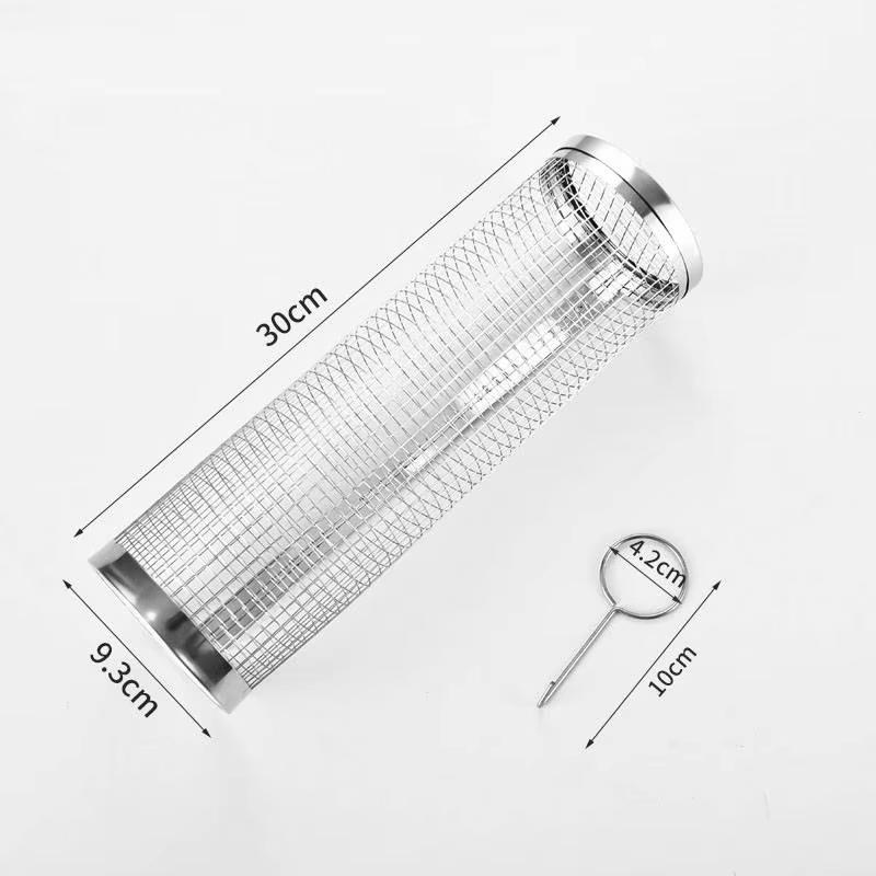 Rolling Grill Basket BBQ Mesh Tube Removable Wooden Handle Stainless Steel Round Mesh Cage Outdoor Camping Cooking Tools