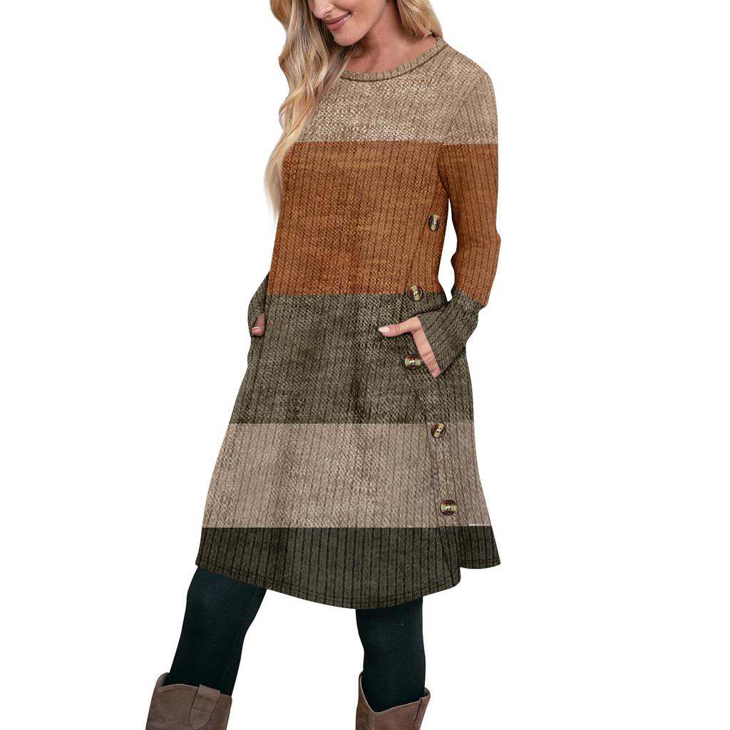 Women's Fashion Casual Long SleeveTunic Dress With Pockets Side Button Dress