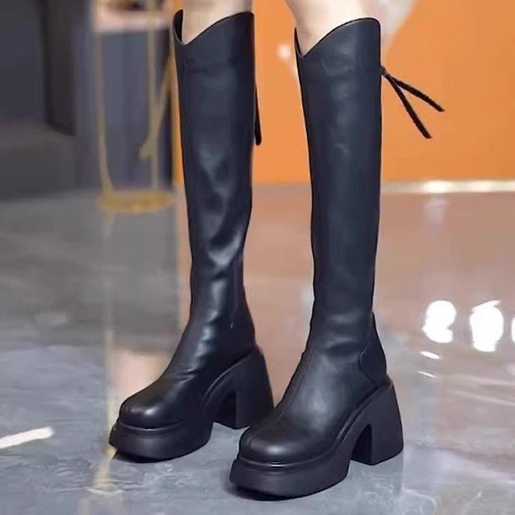 Thick heel platform boots women's 2025 autumn and winter new high heel boots V-mouth temperament but knee knight boots rear zipper