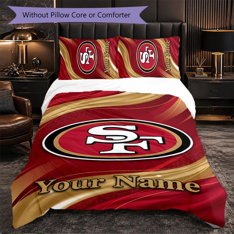 San Francisco 49ers Customized Name Text Bedding Set, 1 Duvet Cover & 2 Pillowcases Personalized Bedroom Gift