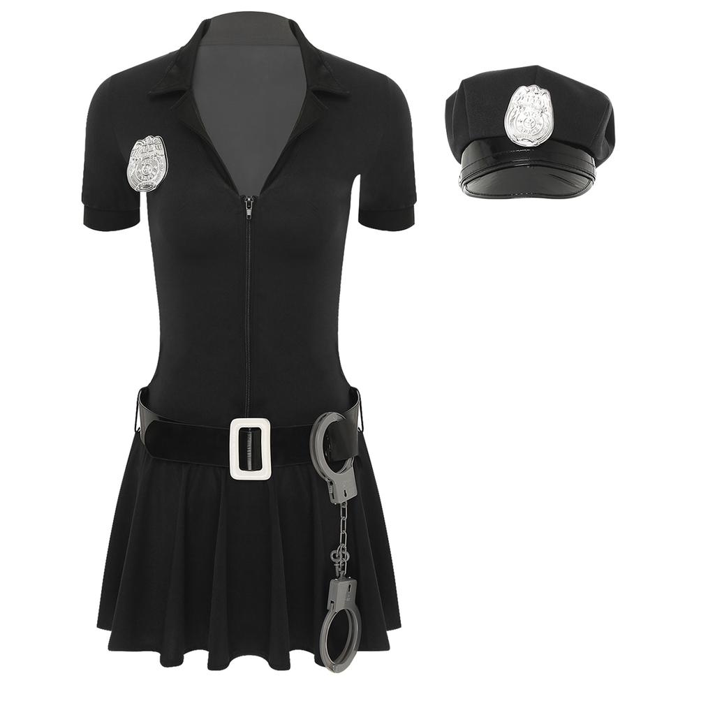 Womens Policewoman Cosplay Costume Front Zip Dress Hat Waist Belt Manacles Four Piece Set Dirty Cop Outfit