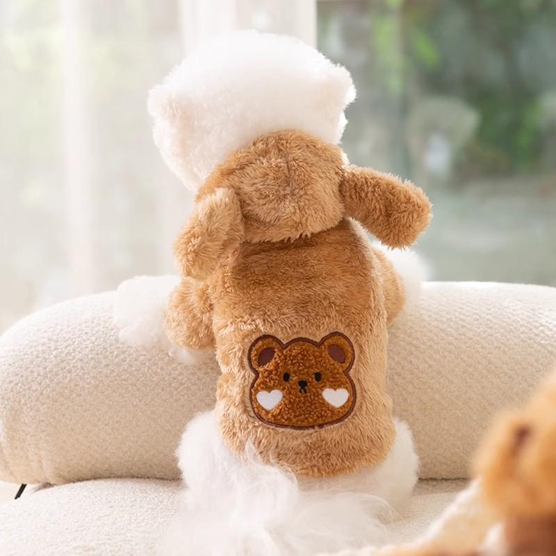 Cute Bear Dog Clothes Arctic Velvet Autumn and Winter Warm Hooded Bipods Small Dog Teddy Pet Clothing
