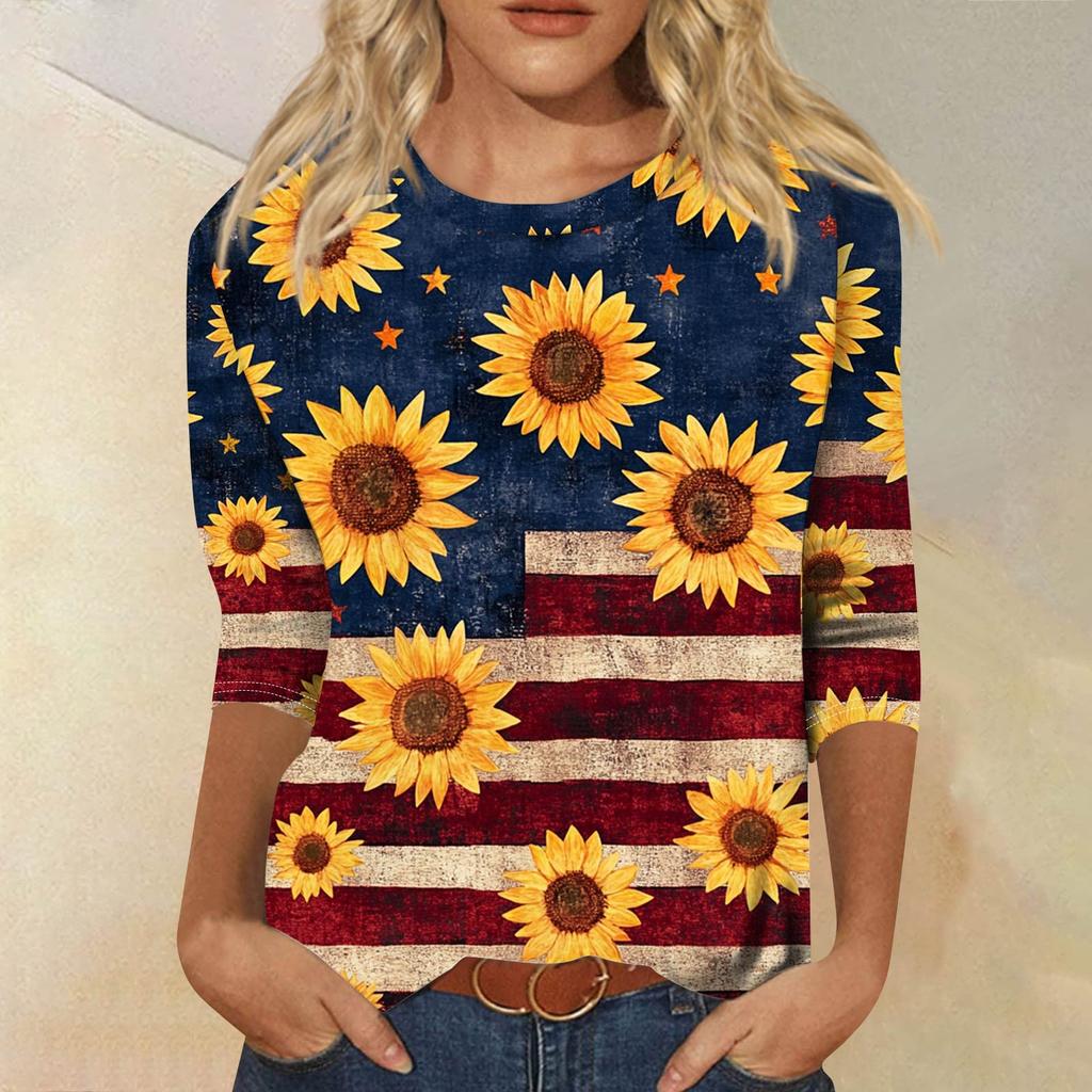 Women's Fashion Casual Seven Sleeve Independence Day Printed Round Neck Top