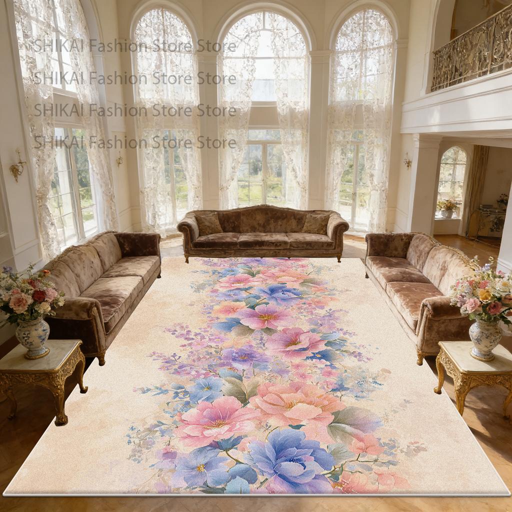 French Countryside Flower Style Living Room Rug Home Decoration Luxury Washable Soft Carpet Large Area Non-slip Fluffy Floor Mat