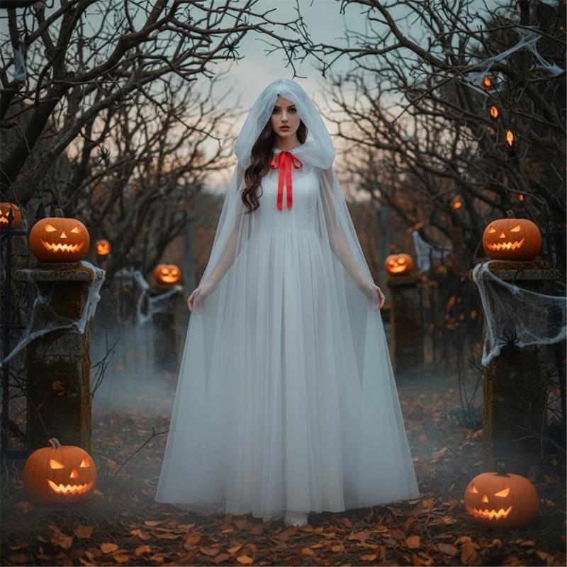 Elegant Transparent Witch Costume Cloak for Adults Teens Halloween Party Role Play Dressing Up