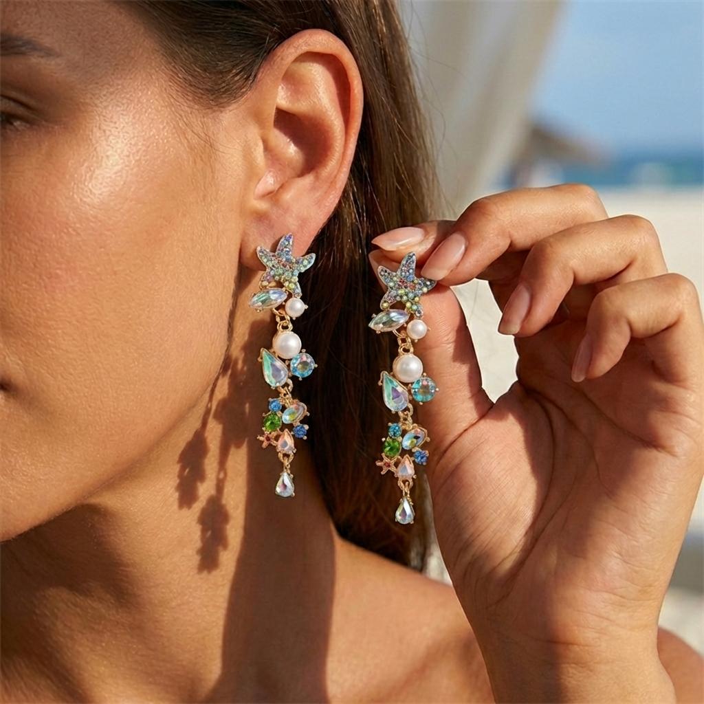 Boho Hvězdice Korál Visací Náušnice pro Ženy Imitace Perly Barevné Zirkony Dlouhé Třásně Drop Náušnice Letní Plážové Oceánské Šperky