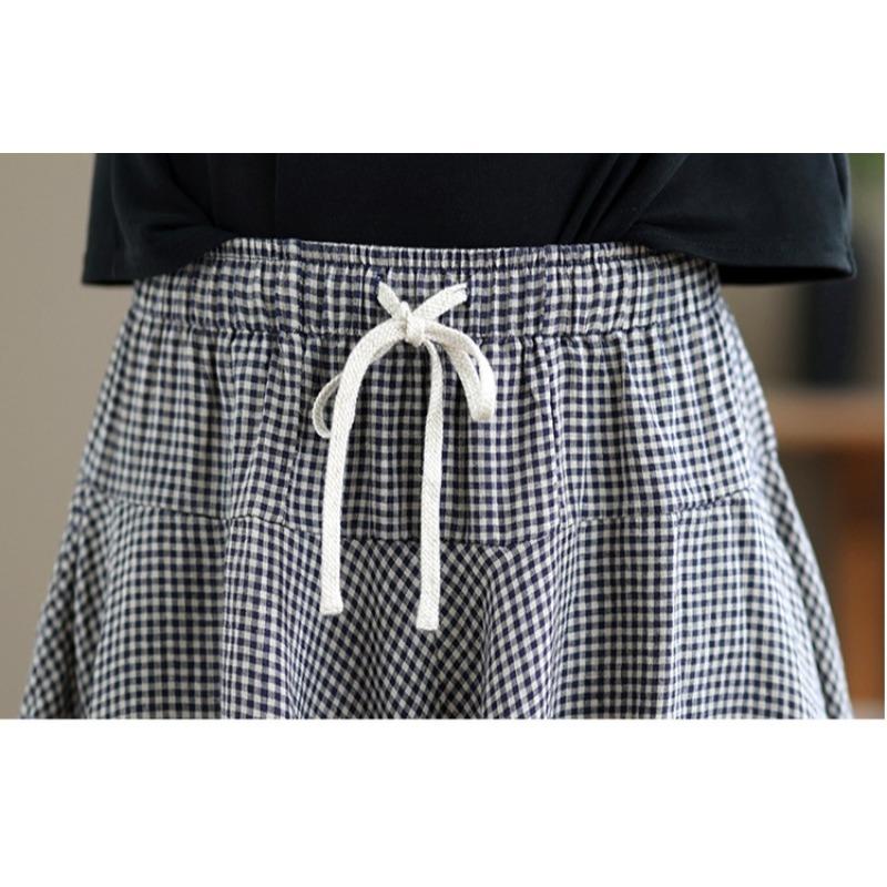 DIMANAF 2026 Summer New Plus Size Women Long Pants Cotton Vintage Loose Elastic Waist Casual Lady Bottoms Print Plaid Black