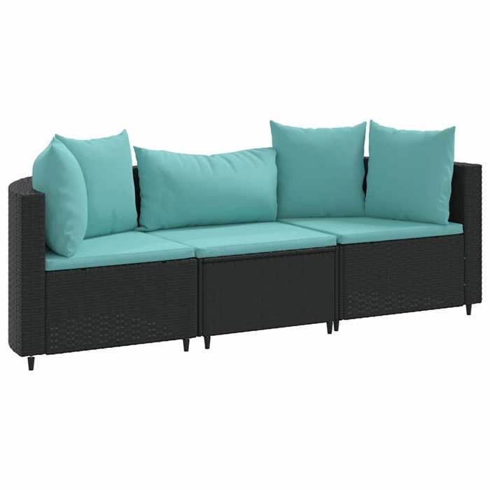 VidaXL Salon de jardin 3 pcs avec coussins noir résine tressée, ensemble de canapés d'extérieur, canapé d'angle de jardin, 3308452