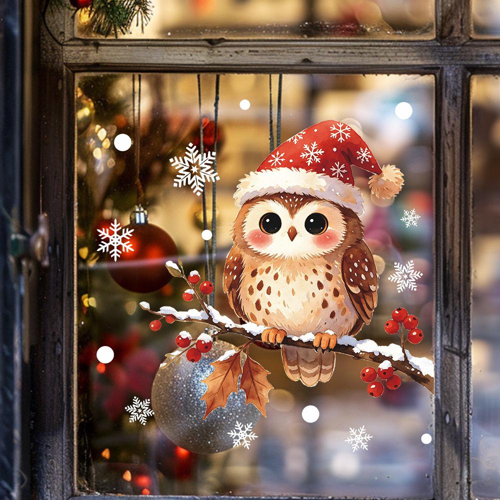 Painted Tree Branch Owl Snowflake Polka Dot Balcony Glass Window Beautification Window Sticker