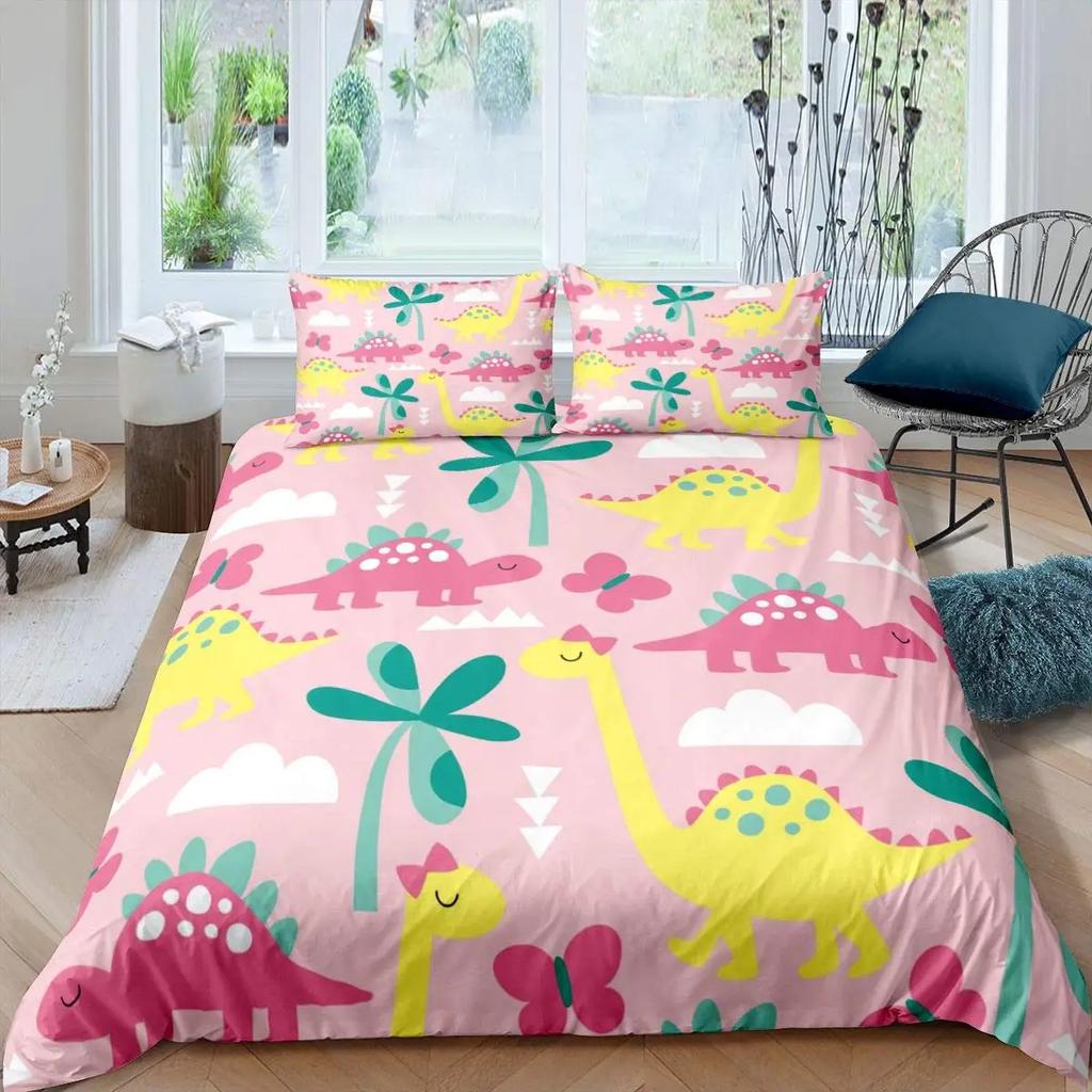 Kawaii Dinosaur Duvet Cover Queen Size For Kids, Cute Colorful Cartoon Soft Comforter Covers With Zipper Closure Bedroom Bedding