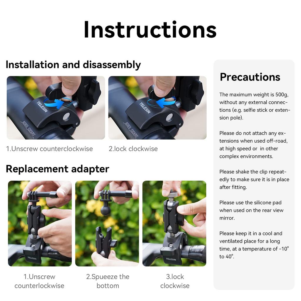 TELESIN Rotating Claw Clamp Mount for Cycling and Double Ball Head with Clip Mount for Action Camera Gripper Compatible with GoPro Hero Insta360 DJI