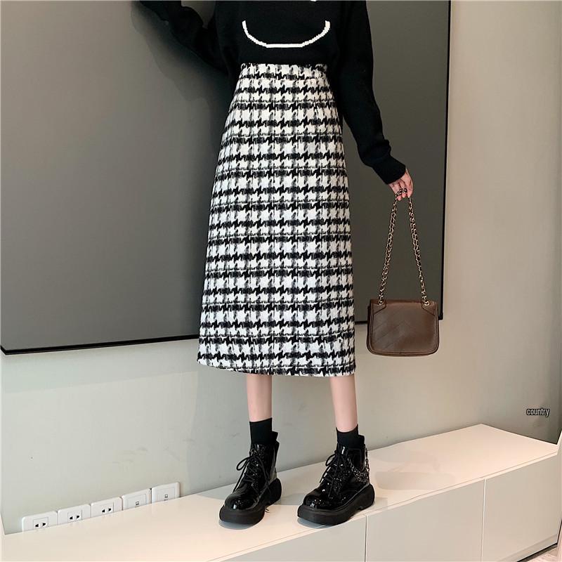 Plus Size Women's Korean Style Plaid Woolen High Waist Mid-Length Winter Skirt