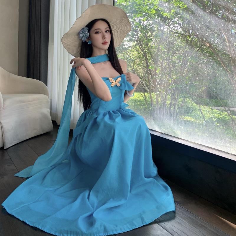 Metal Three-dimensional Bow Tube Top Neck Skirt Atmosphere Blue Irregular Ruffle Edge Vacation Photo Beach Skirt