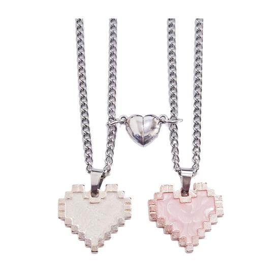 2Pcs Couple Necklace Heart Charm Magnetic Suction Shiny Finish Necklace Valentine Day Anniversary Jewelry Gift