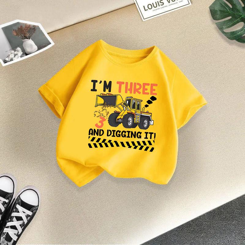2025 Children Cute Excavator T-Shirt Combination Cartoons Bulldozer Tee Shirts Kawaii Kid Casual Clothes Girl Boy Harajuku Tops