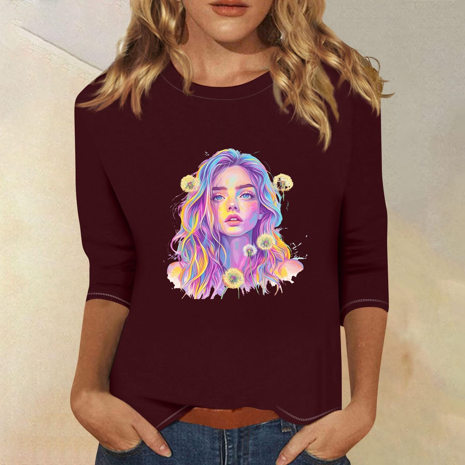 

Топи з рукавами 3/4 для жінок Футболка Повсякденні топи з принтом Футболка з круглим вирізом Пуловер Блуза L винний