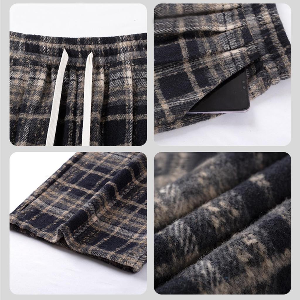 Volen Check Checked Pants for with and Stylish Women's Pants, Wide-Length Lace-Up Fall/Winter, High-Waisted, Pockets, Flattering, Slimming, Versatile,