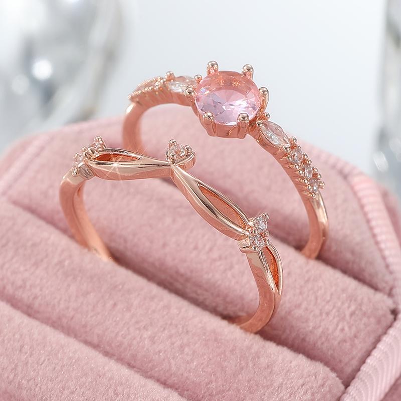 s/set Round Peach Pink Synthetic Zircon Engagement Ring Set Women's Rose Gold Elegant Ring Anniversary Jewelry