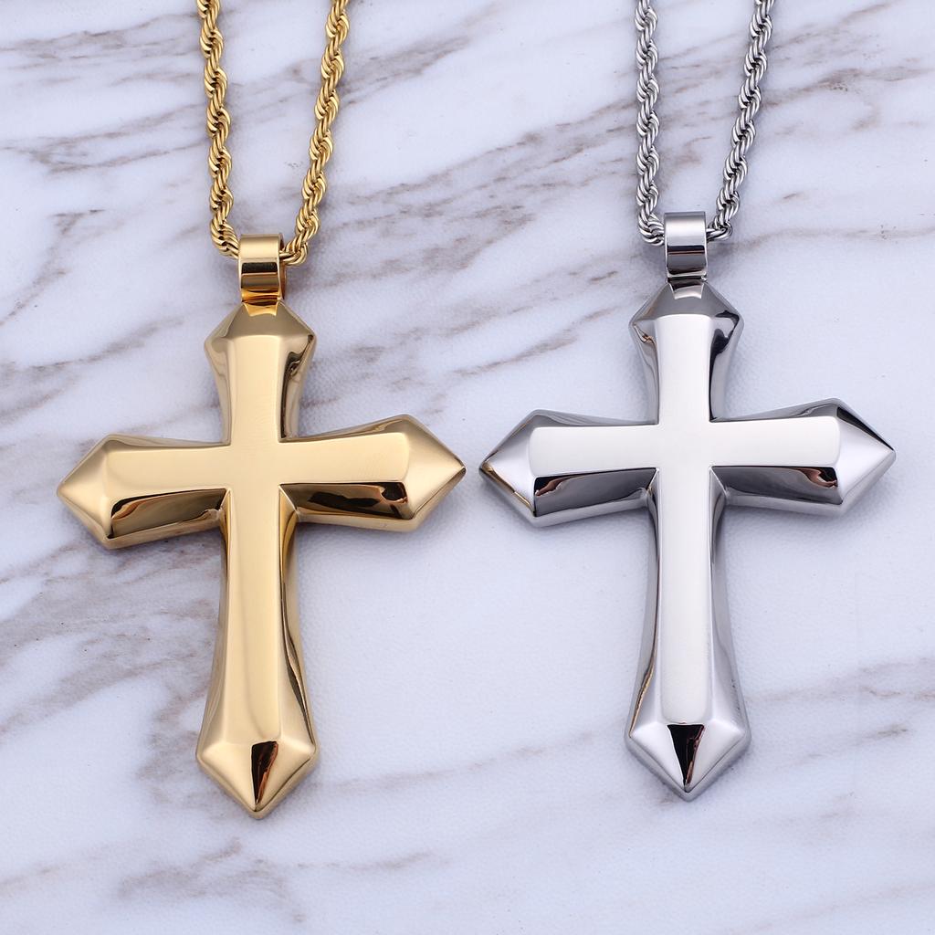 Heavy Big Shiny Golden Cross Pendant Men's Necklace Stainless Steel Punk Trend Jewelry Chunky Metal Cross Charm Gift