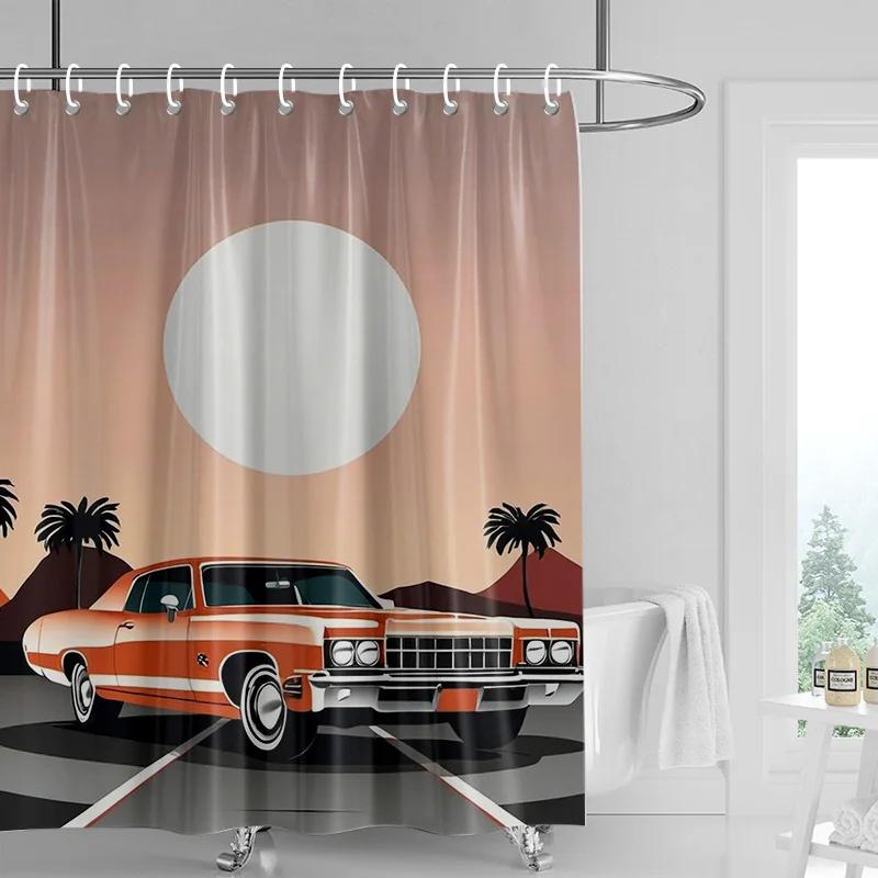 Car Pattern Shower Curtain Waterproof Bathroom Partition Curtain Bathroom shower curtain hooks W90xH180cm