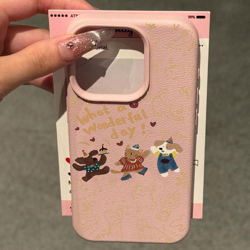 Drei Glückliche Welpen Litschi-Muster für IPhone15/16promax Handyhülle für Apple13/13/12