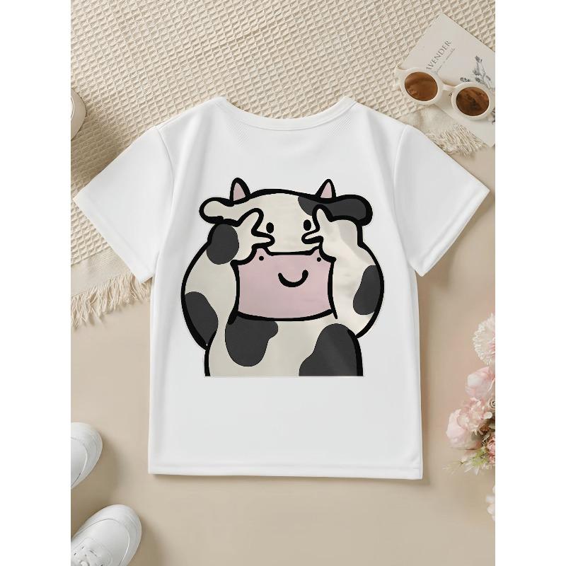 European Sizes Baby Boy Short-Sleeved Spring, Summer And Autumn Cartoon Cow Cute Face Peace Sign Print Casual T-Shirt