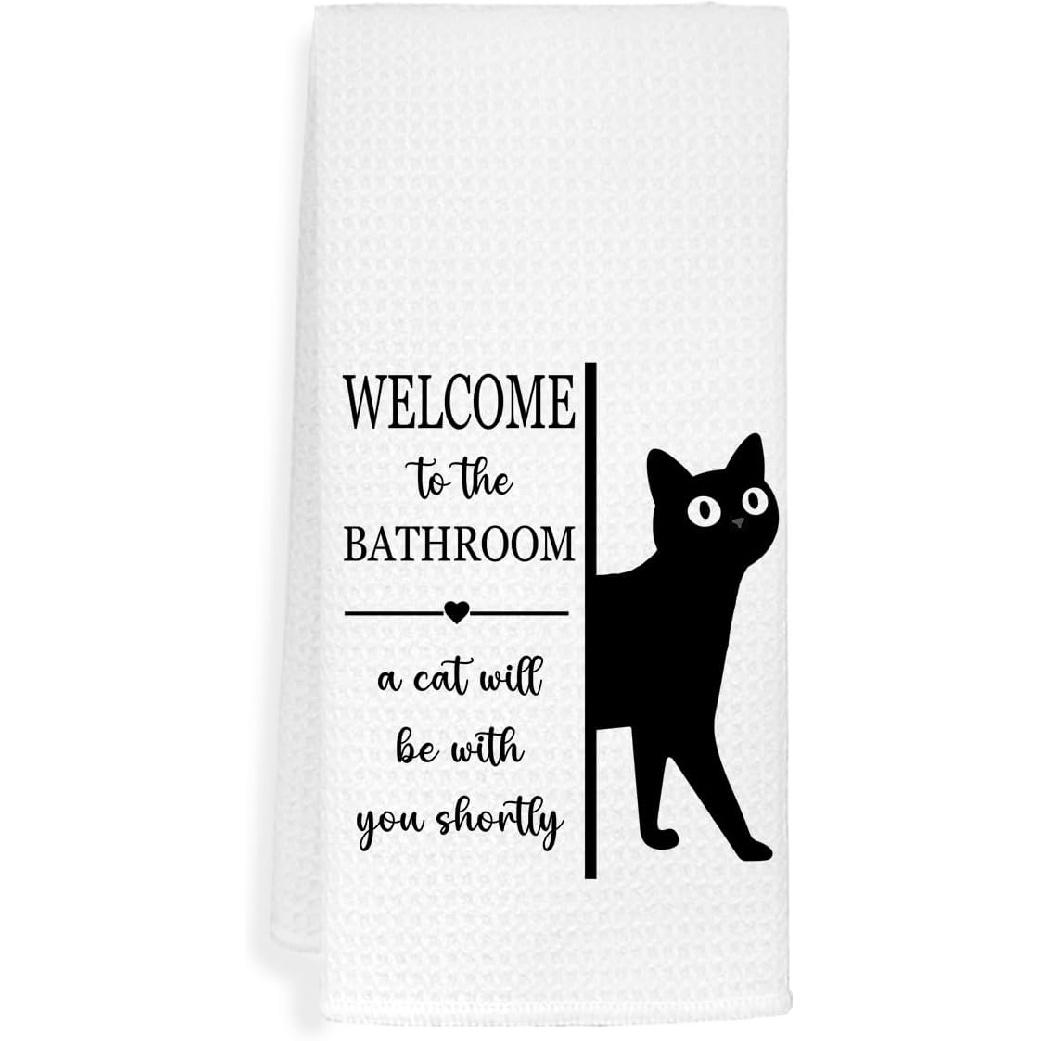 EXUQO Funny Bathroom Cat Hand Towels Dishcloths for Siamese Lover Cats Mom Dad Gifts,Welcome to The Bathroom a Cat Will Be with You Shortly,16x24 Black Cat 1