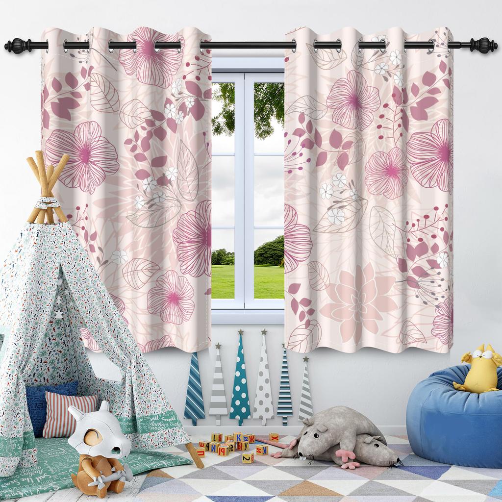 2Pcs Fresh Flowers Window Curtains Children Bedroom Living Room Apartment Indoor Outdoor Thermal Insulated Blackout Curtain