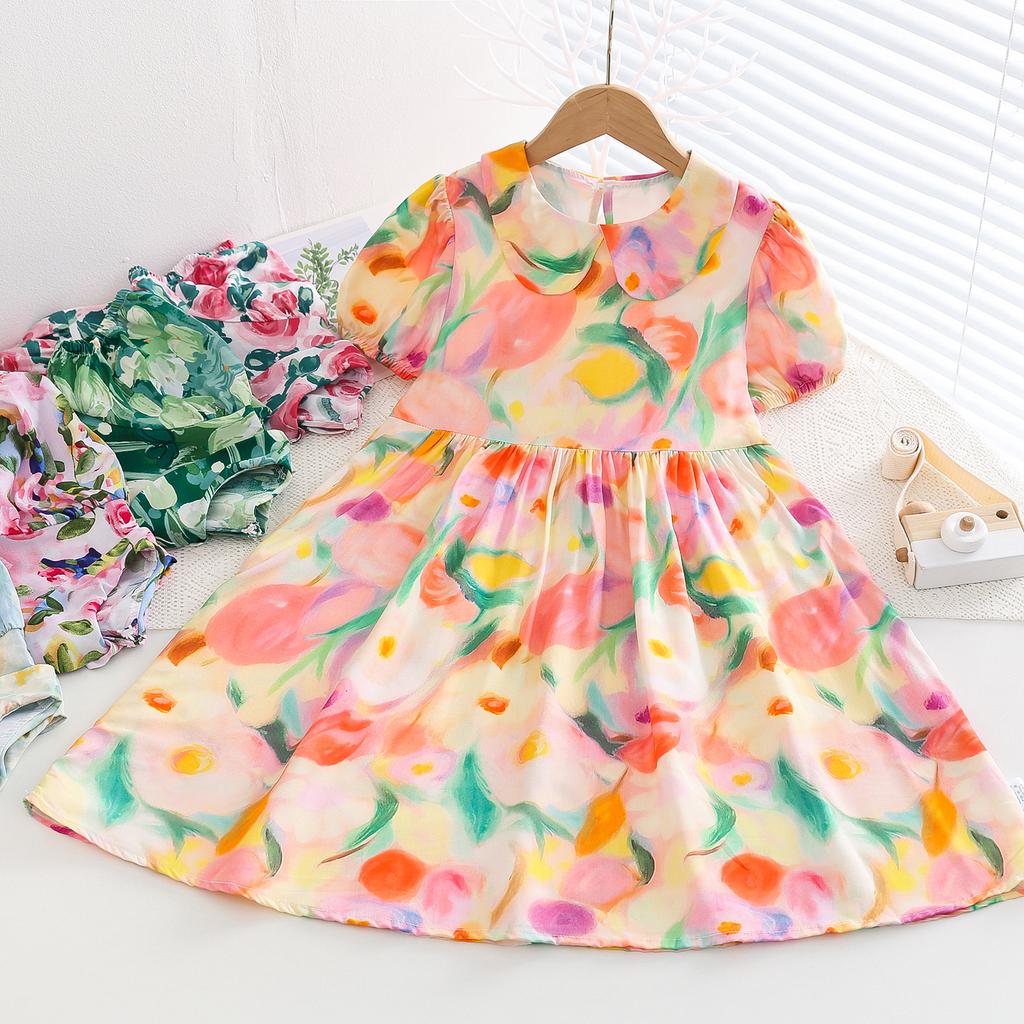 Resort Style Children's Clothing Summer Style Children's Cotton Silk Doll Collar Princess Dress Girls Artificial Cotton Floral Dress