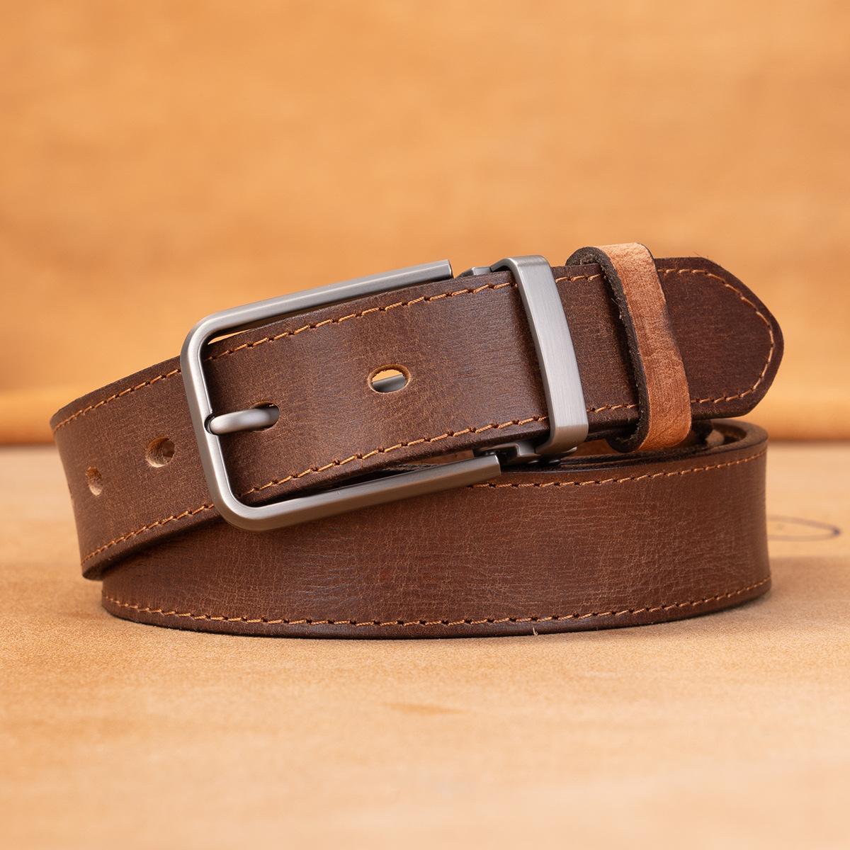 

Retro Belt Men S First Layer Cowhide Genuine Leather Versatile Tree Paste Leather Pin Buckle Belt Young And Middle-Aged Belt 130cm