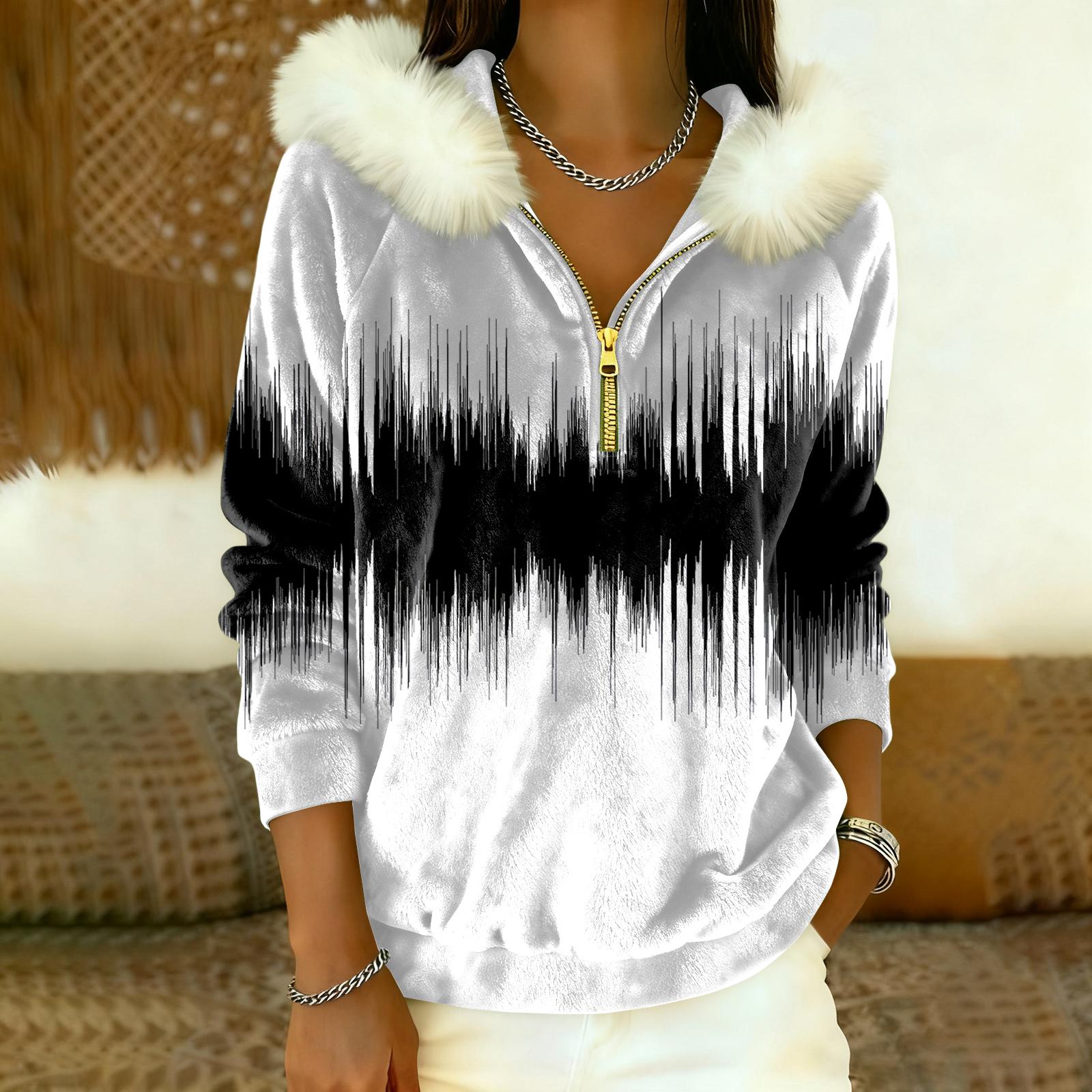 

Жіночий вільний та зручний повсякденний модний топ з капюшоном на половину блискавки з довгим рукавом та звичайним принтом M