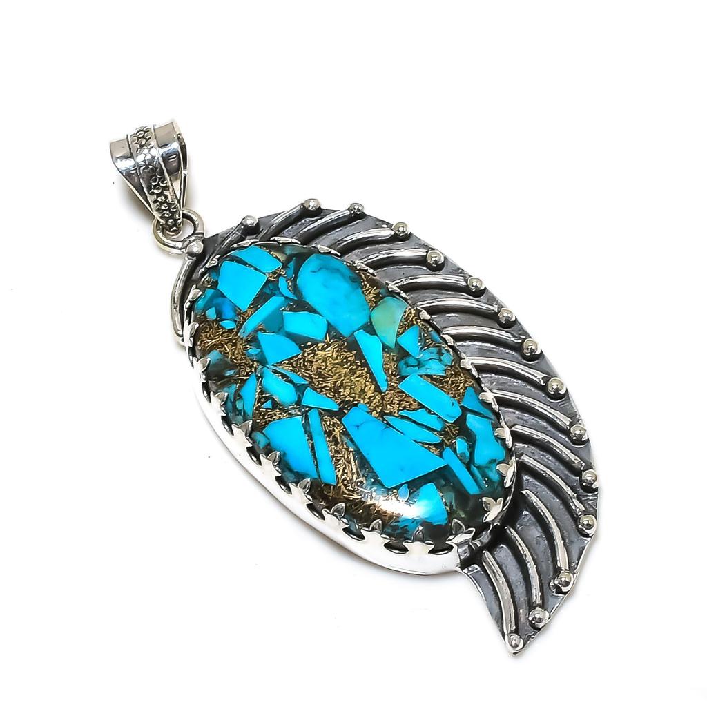 Natural Blue Copper Turquoise Gemstone Silver Pendant In 925 Sterling Silver- Handmade Design, Everyday Wear Jewelry, Unique Pendant Thanksgiving Gift