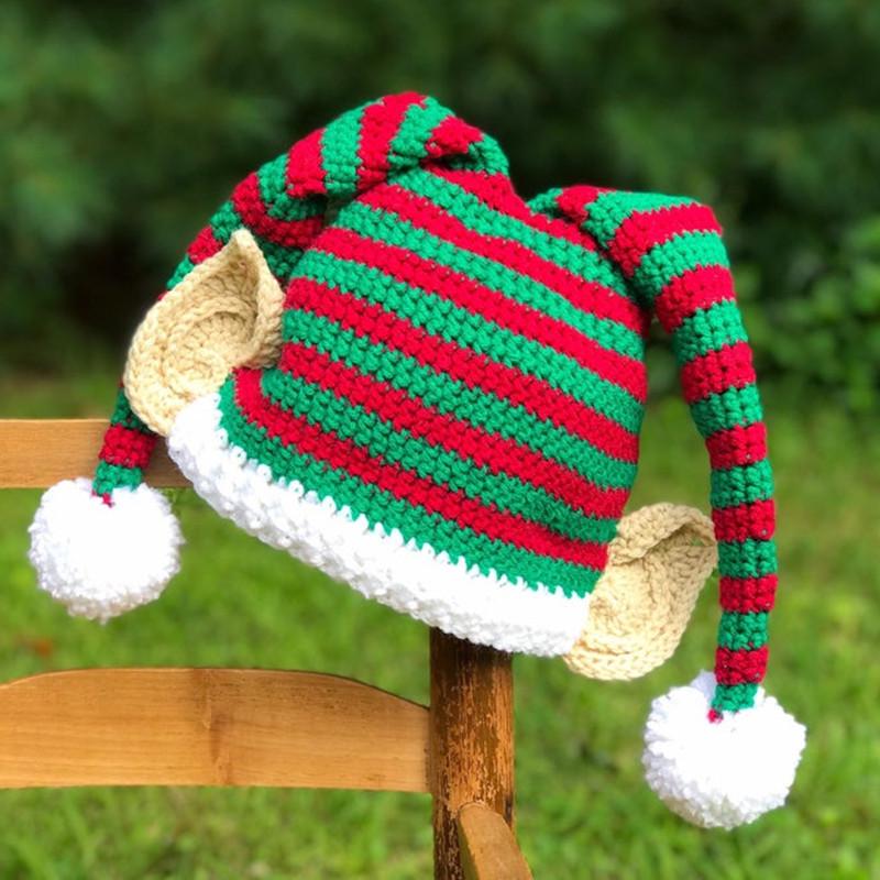 

Elf Ears Striped Hand-Knitted Wool Christmas Hat with Cute Pompom - Warm for Autumn and Winter Child 40-45cm