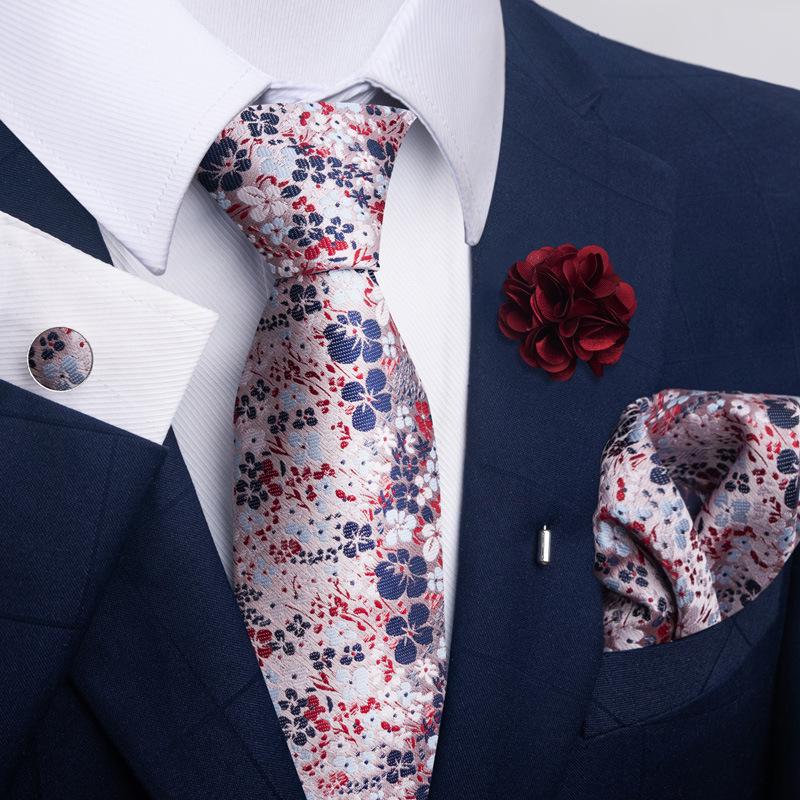 Brown Paisley Men's Tie, Pocket Square, Cufflinks & Boutonniere Set for Business Formal Wear.
