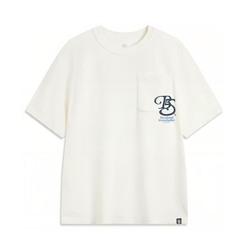 Li Ning Badfive Letter Round Neck Breathable Soft Comfortable Loose Short Sleeve T-Shirt Men T-Shirts Off-White AHSV651-1