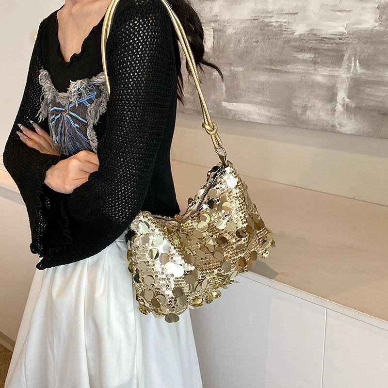 1pc Golden Sequin Crescent Shaped PVC Shoulder Bag For Women